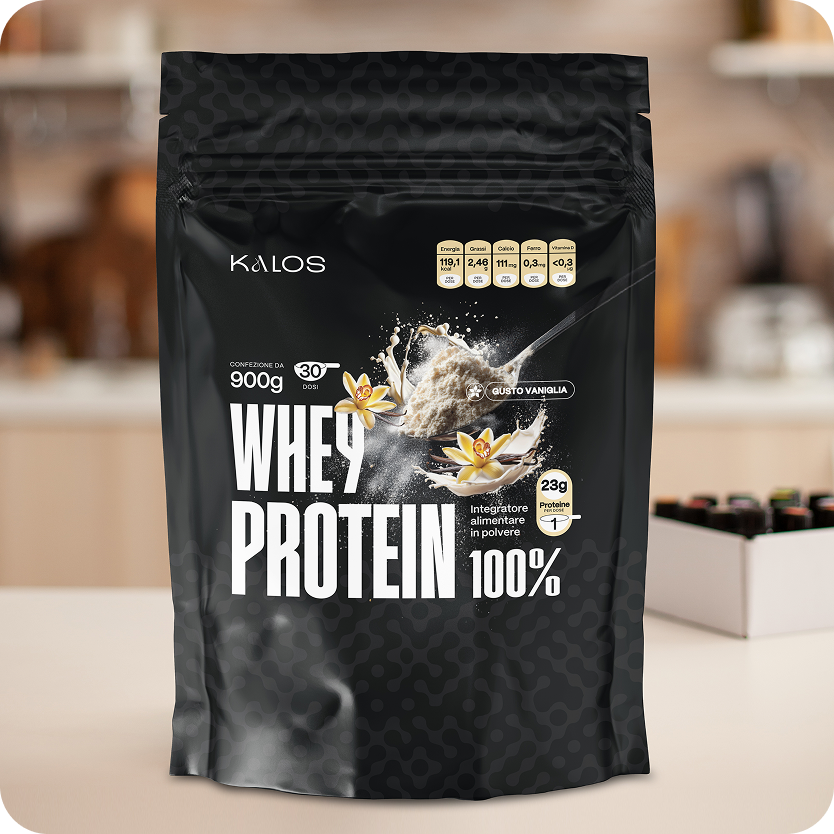 Kalos Whey Protein 100% Gusto Vaniglia 900g, integratore di proteine in polvere per palestra e fitness, 23g di proteine per dose.