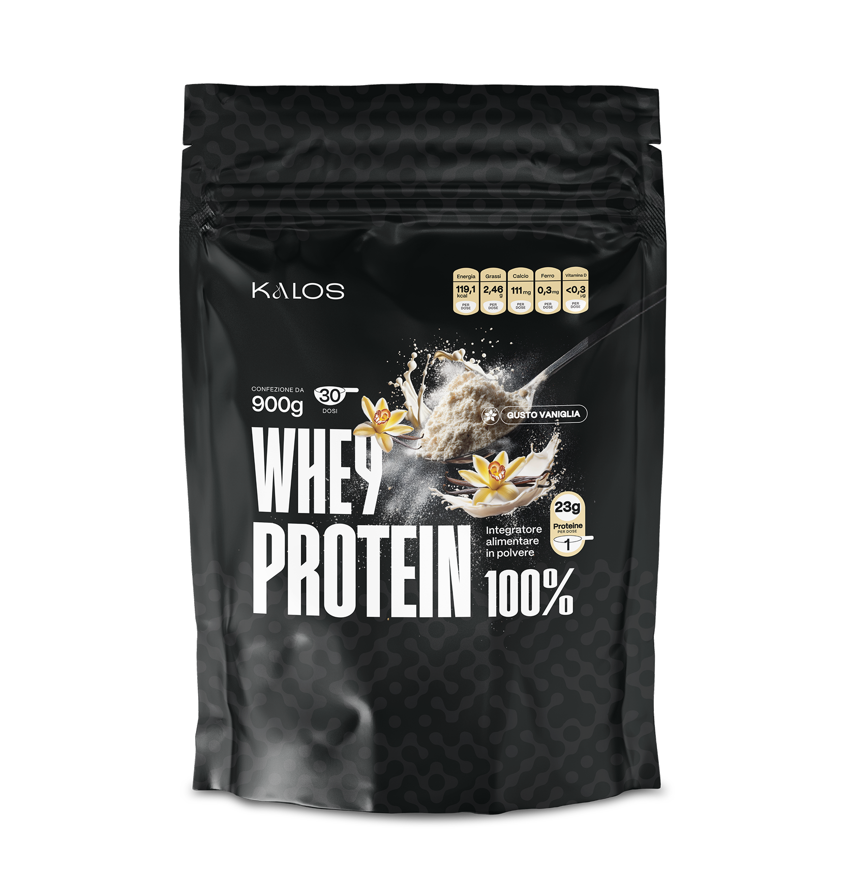 Confezione nera Kalos Whey Protein 900g gusto vaniglia, integratore alimentare in polvere con 23g di proteine per dose, ideale per palestra, fitness, massa muscolare e recupero.