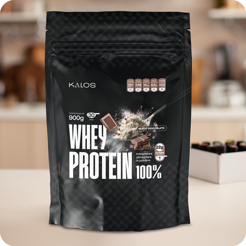 Kalos Whey Protein gusto cioccolato, integratore alimentare in polvere da 900g con 22g proteine per dose, ideale per palestra e fitness.