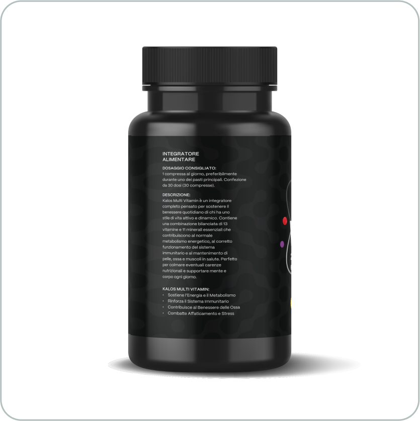 Flacone nero di integratore multivitaminico Kalos Multi Vitamin per palestra e fitness, con 13 vitamine e 11 minerali essenziali che supportano energia, sistema immunitario, benessere delle ossa e combattono affaticamento.