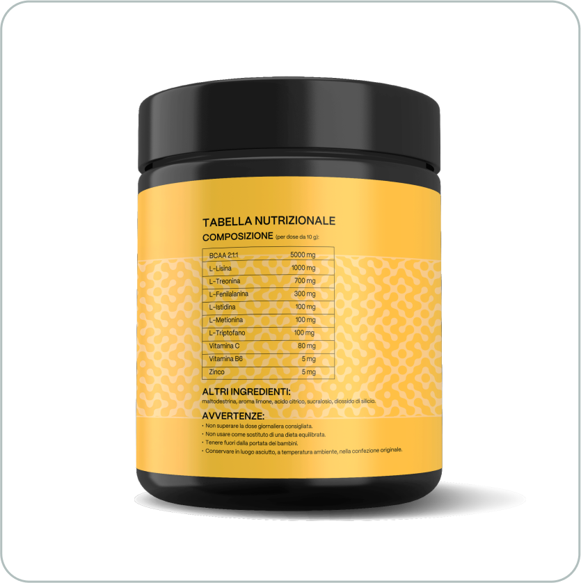 Integratore per palestra con etichetta nutrizionale dettagliata: BCAA 2:1:1, aminoacidi essenziali, vitamine e zinco. Ideale per supporto muscolare, recupero fitness e performance sportiva.