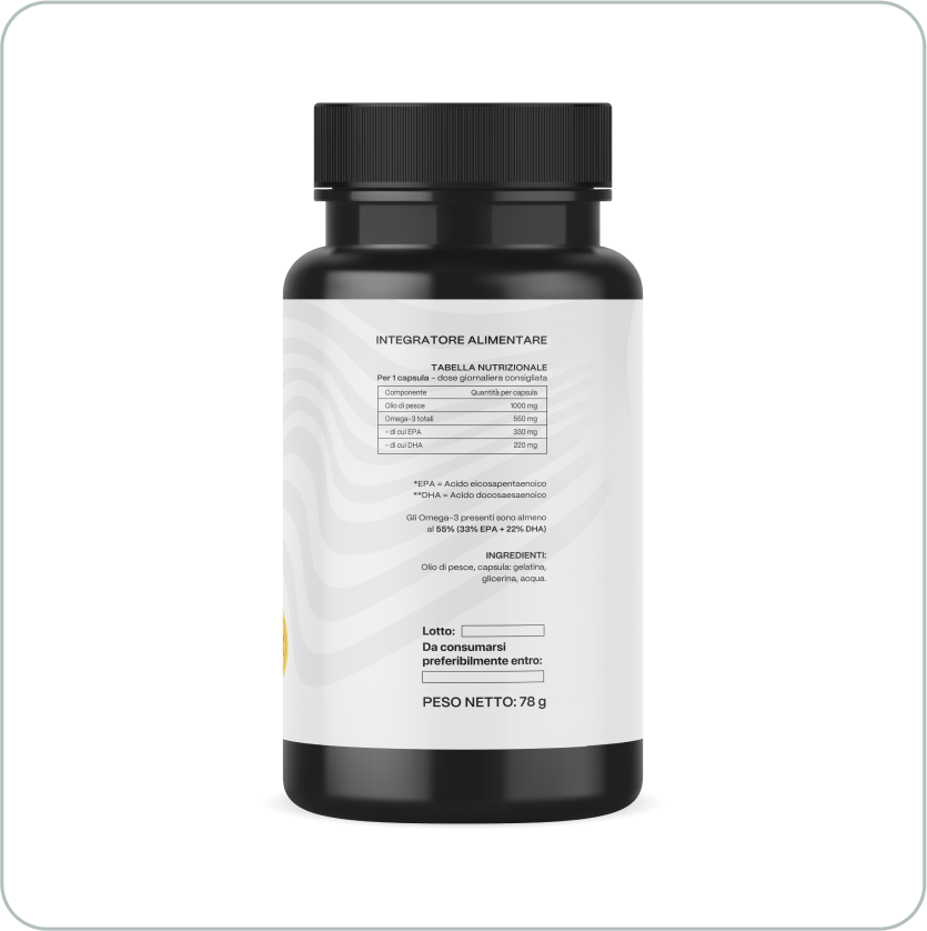 Flacone integratore alimentare Omega-3 olio di pesce per palestra e fitness, etichetta posteriore con tabella nutrizionale dettagliata (EPA, DHA) e peso netto 78g.