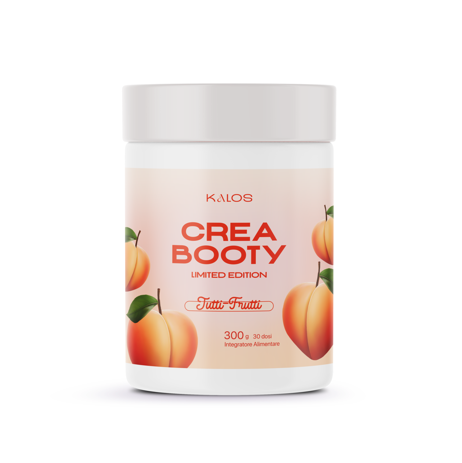 Vaso bianco Kalos Crea Booty Limited Edition, integratore alimentare con creatina gusto Tutti Frutti, 300g 30 dosi. Per palestra, fitness e aumento massa muscolare.
