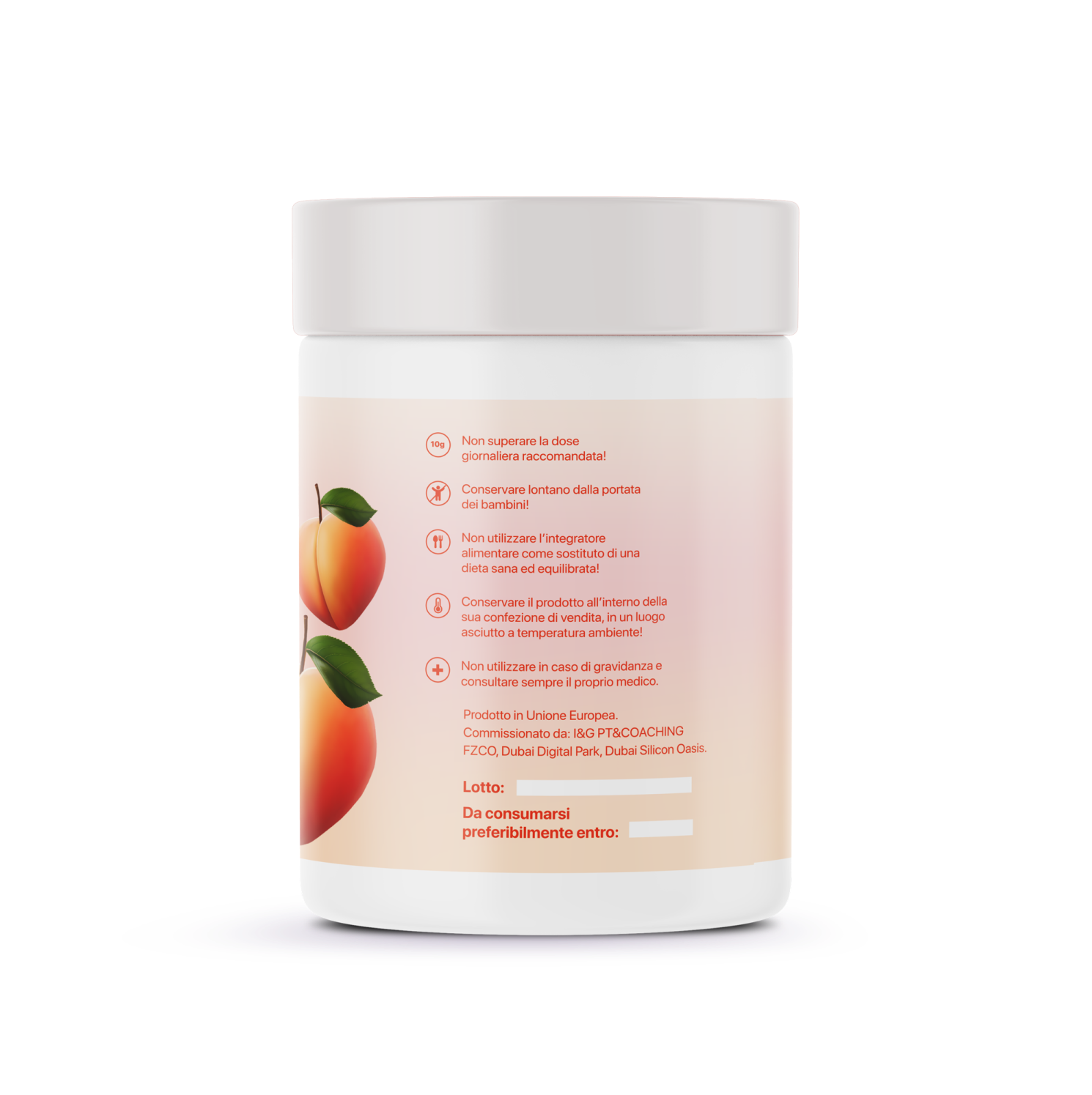 Retro barattolo bianco integratore palestra fitness, etichetta color pesca con illustrazioni di pesche e indicazioni.