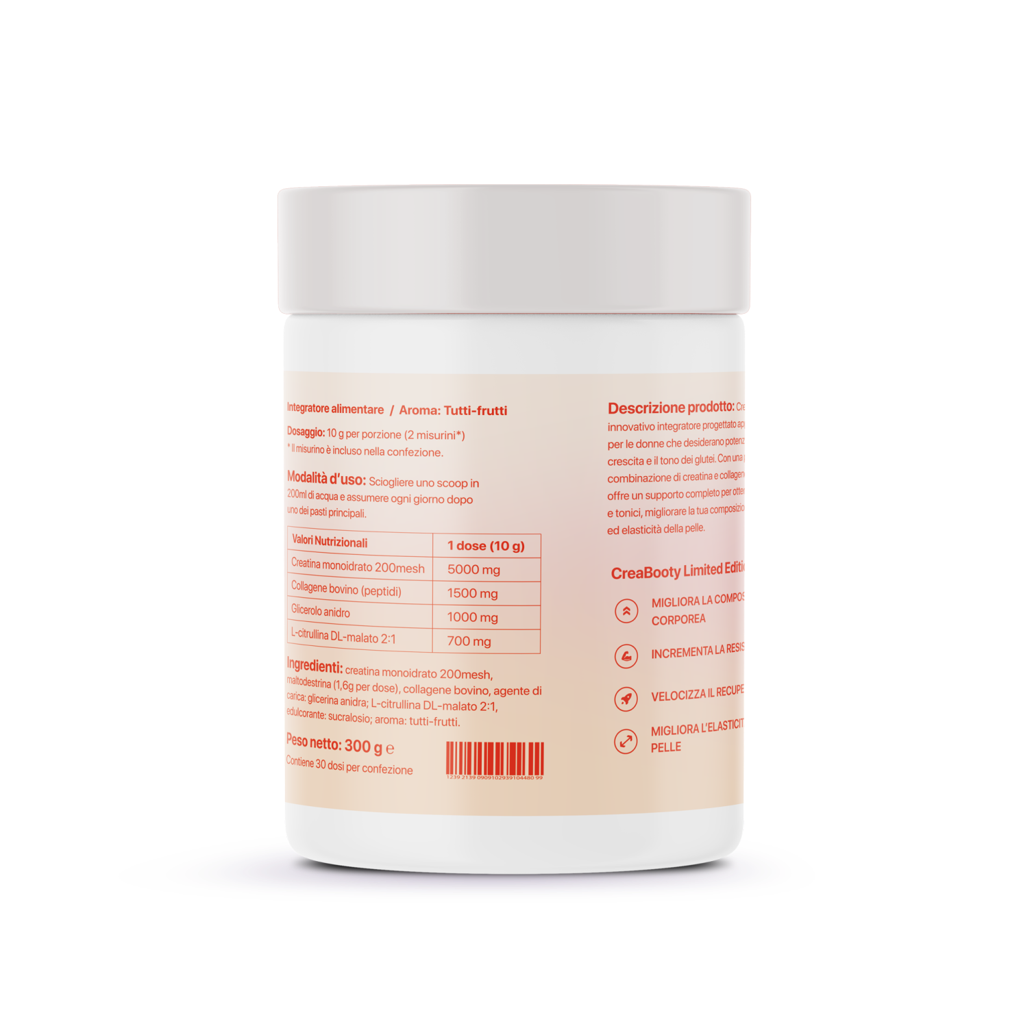 Retro barattolo bianco di integratore CreaBooty Limited Edition gusto tutti-frutti. Etichetta dettagliata con ingredienti principali: creatina monoidrato, collagene bovino, L-citrullina. Supplemento fitness per palestra, progettato per donne che cercano miglioramento glutei, composizione corporea, resistenza e recupero muscolare.