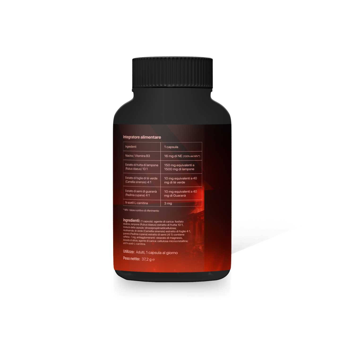 Flacone nero di integratore alimentare con etichetta rossa che mostra ingredienti come Niacina, estratto di lampone, tè verde, guaranà e N-acetil-L-carnitina, ideale per palestra e fitness.
