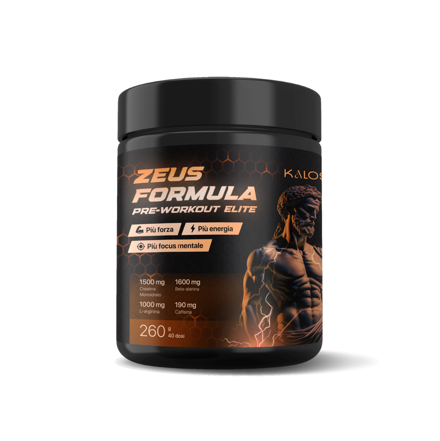 Integratore pre-workout Zeus Formula Elite Kalos, barattolo nero per palestra e fitness, con creatina, beta-alanina, L-arginina e caffeina per forza, energia e focus mentale, 260g.