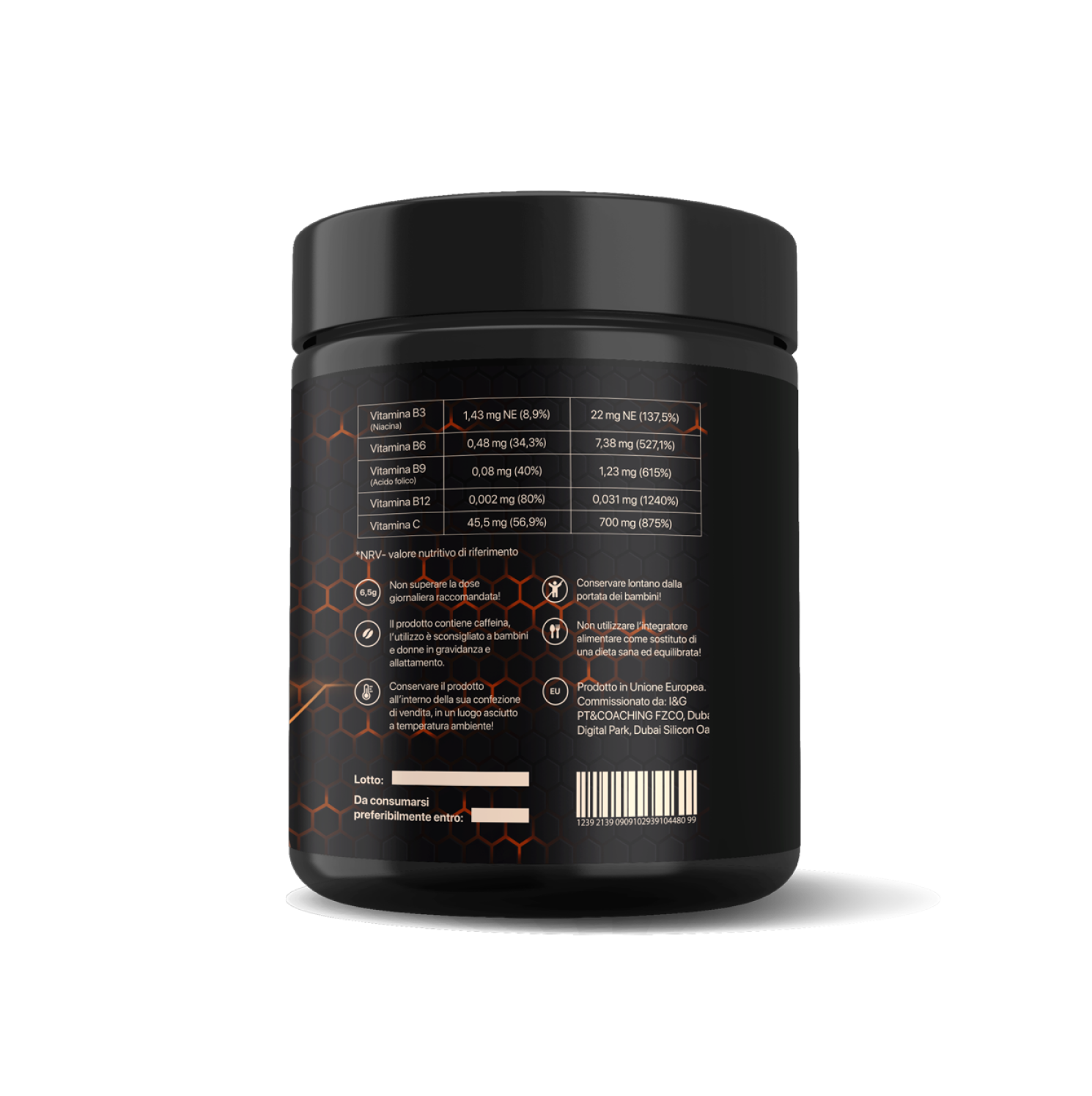 Barattolo nero di integratore palestra fitness, etichetta posteriore con vitamine B3, B6, B9, B12, C, avvisi caffeina, dosaggio, e dettagli prodotto UE per energia e performance.