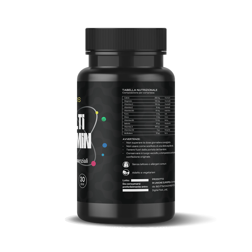 Flacone nero di integratore multivitaminico e minerale Ti MIN essenziali, 30 dosi, con tabella nutrizionale visibile, adatto a vegetariani e senza lattosio, per palestra, fitness e benessere generale.