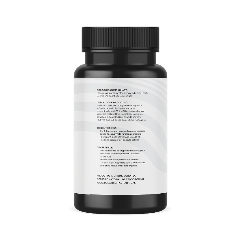 Bottiglia nera di integratore Omega-3 olio di pesce in capsule softgel con etichetta bianca in italiano. Dettagli su EPA, DHA, dosaggio e benefici per cuore, cervello e vista, ideale per sport, palestra e benessere fitness.