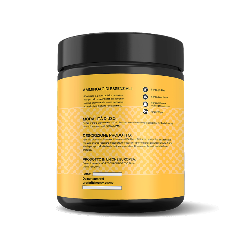Retro barattolo nero integratore aminoacidi essenziali EAA BCAA 2:1:1 e vitamina B6, etichetta gialla con indicazioni per palestra, fitness, recupero e crescita muscolare. Prodotto vegano, senza glutine, lattosio, zucchero.