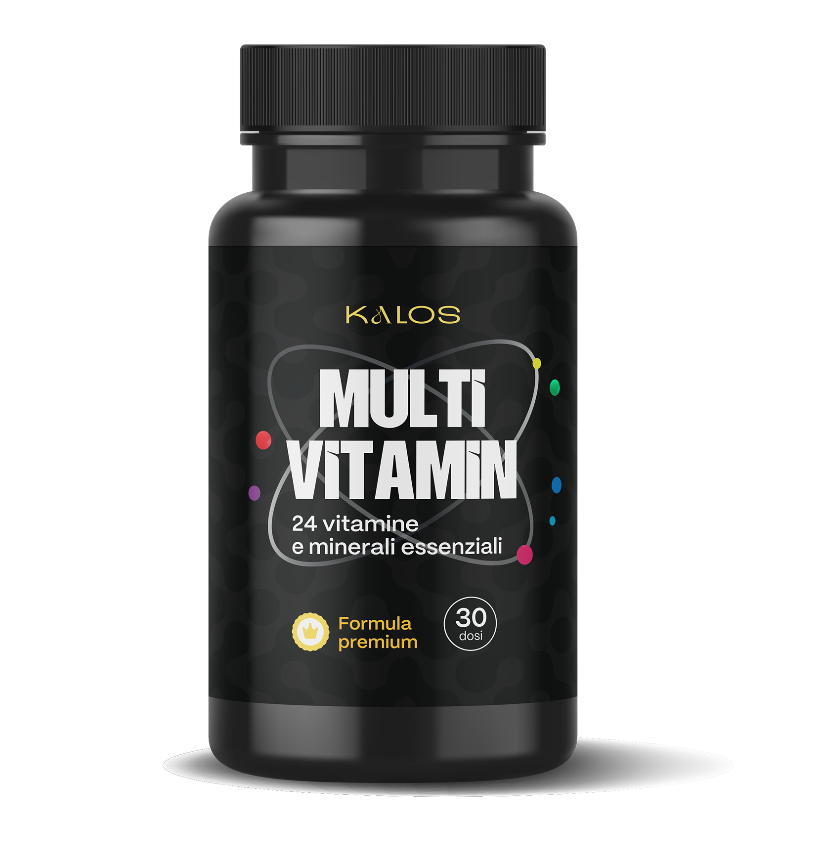 Integratore multivitaminico KALOS in bottiglia nera, con 24 vitamine e minerali essenziali, formula premium da 30 dosi per palestra, fitness e benessere.