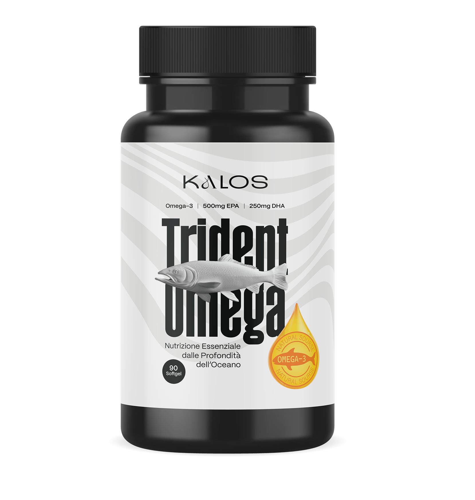 Kalos Trident Omega-3 integratore 90 softgel per palestra e fitness, flacone nero con etichetta bianca, contiene 500mg EPA e 250mg DHA, fonte naturale di omega-3.