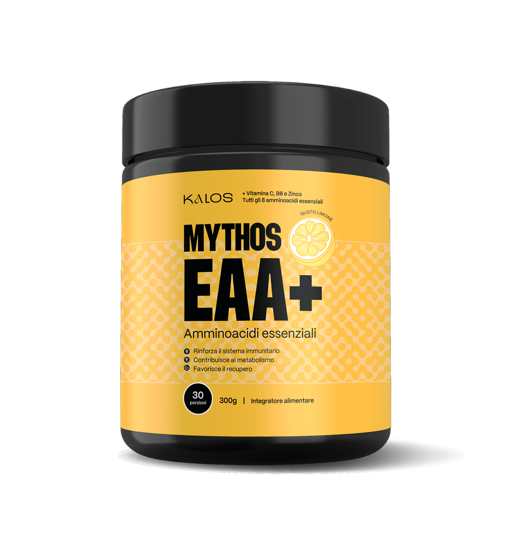 Kalos Mythos EAA+ integratore aminoacidi essenziali gusto limone per palestra, fitness e recupero muscolare. Con Vitamina C, B6, Zinco; 30 porzioni (300g).